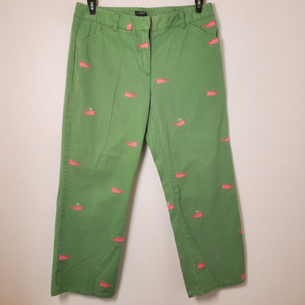 J Crew Vintage Whale Chino Crop Pants Favorite Fit Green Cotton Pink Embroidery - Picture 13 of 13
